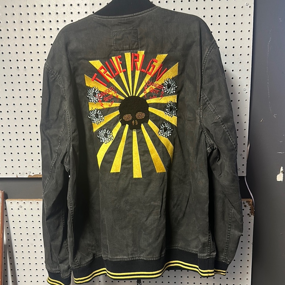 True Religion Charcoal Bomber Jacket with Red Embroidery